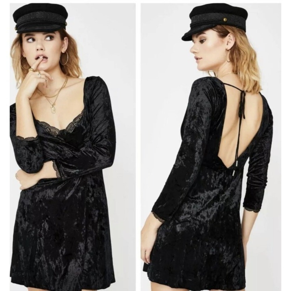 Free People Kat Velvet Mini Dress Black Womens Large Lace Trim $128 MSRP